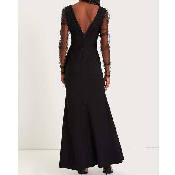 Lulus NWT Red Carpet Energy Black Tulle Long Sleeve Mermaid Maxi Dress Small - Picture 7 of 11